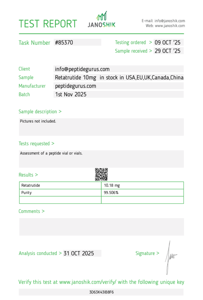 Test Report Janoshik Retatrutide 10mg Oct 2025